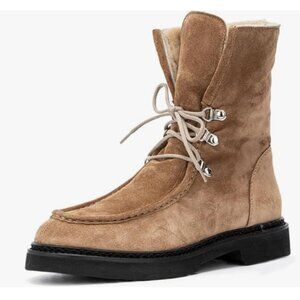 YDN Brown Combat Ankle Boots Round Toe Block Low Heels Lace Up Fur Snow Booties